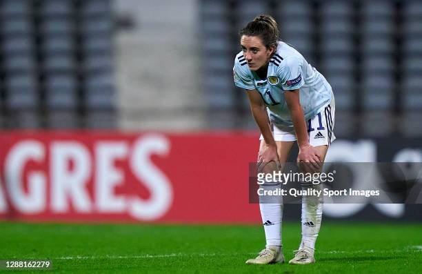 Lisa Evans of Scotland reacts during the UEFA Women's EURO 2022 qualifier match between Portugal Women and Scotland Women at Estadio do Restelo on...