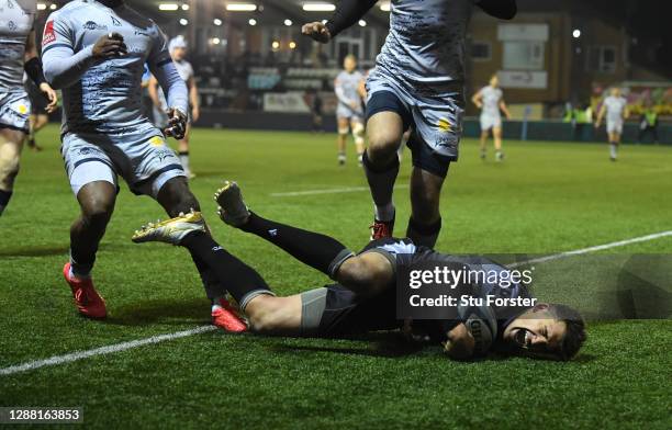 Toby Flood of the Falcons scores the winning try during the Gallagher Premiership Rugby match between Newcastle Falcons and Sale at Kingston Park on...