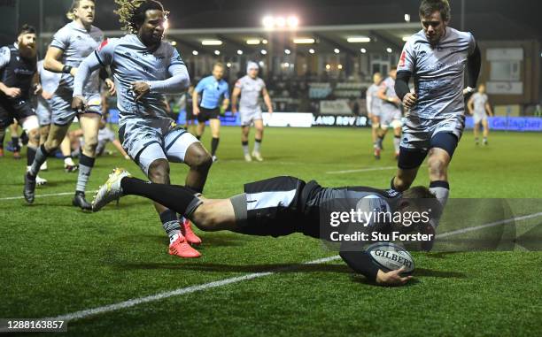 Toby Flood of the Falcons scores the winning try during the Gallagher Premiership Rugby match between Newcastle Falcons and Sale at Kingston Park on...
