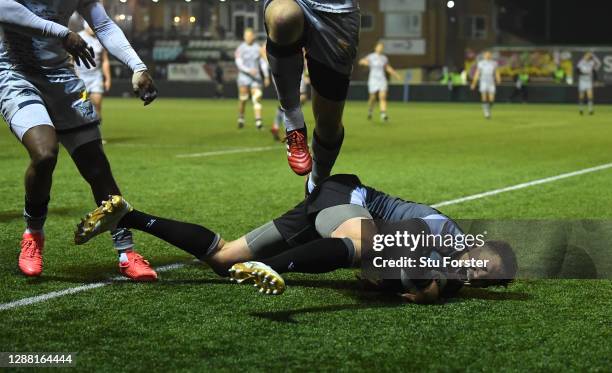 Toby Flood of the Falcons scores the winning try during the Gallagher Premiership Rugby match between Newcastle Falcons and Sale at Kingston Park on...