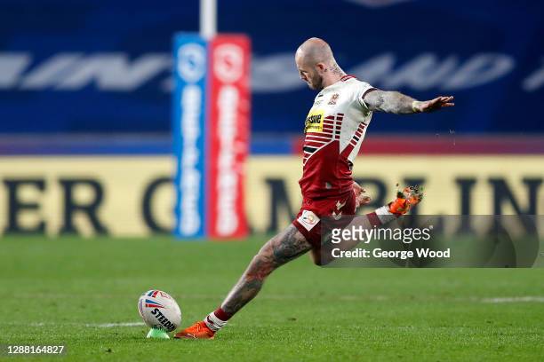 Zak Hardaker of Wigan Warriors attempts a penalty during the Betfred Super League Grand Final between Wigan Warriors and St Helens at KCOM Stadium on...