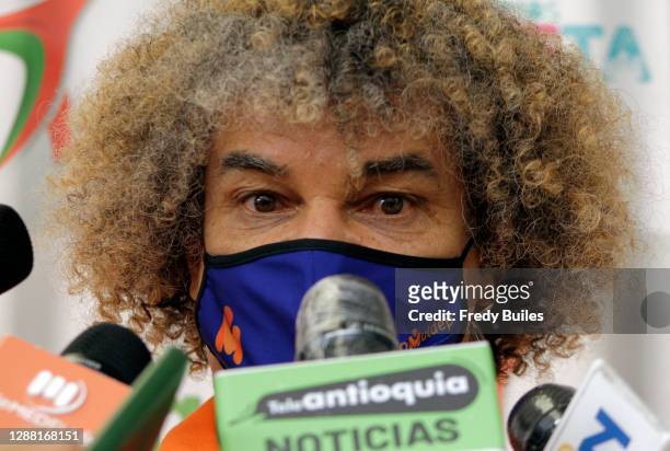 Carlos Valderrama known as 'El Pibe' former football player and captain of the Colombian national team speaks to the media during the re-inauguration...