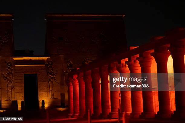 temple of philae light and sound showing the temple of isis from  agilkia island in lake nasser philae is located in egypt - 古代エジプト ストックフォトと画像
