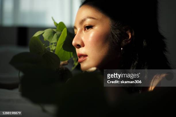 portrait beautiful asian female relaxing at home - gesicht kosmetik maske stock-fotos und bilder