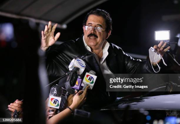 Manuel Zelaya former President of Honduras speaks to the media after been held and later released by authorities at Toncontin International Airport...