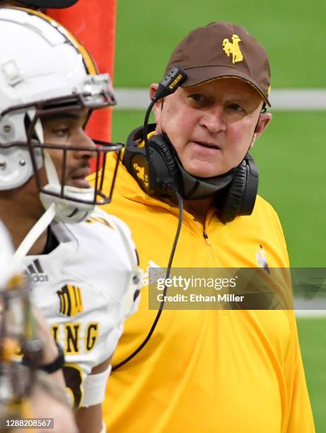 Head coach Craig Bohl of the Wyoming Cowboys looks on in the first half of a game against the UNLV Rebels at Allegiant Stadium on November 27, 2020...