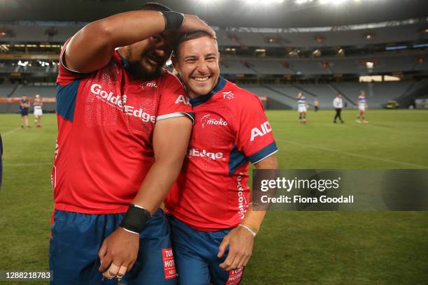 Mitchell Hunt of Tasman celebrates with Isi Tu’ungafasi of Tasman during the Mitre 10 Cup Final between Auckland and Tasman at Eden Park on November...