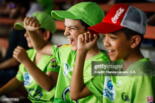 Fans react during the Women's Big Bash League Final between the Melbourne Stars and the Sydney Thunder at North Sydney Oval, on November 28 in...