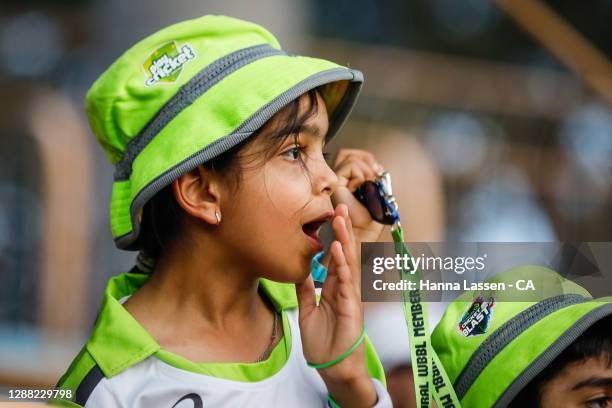 Fans react during the Women's Big Bash League Final between the Melbourne Stars and the Sydney Thunder at North Sydney Oval, on November 28 in...
