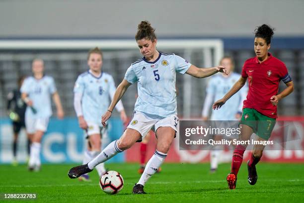 Jen Beattie of Scotland in action during the UEFA Women's EURO 2022 qualifier match between Portugal Women and Scotland Women at Estadio do Restelo...