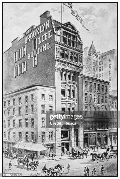 antique black and white photograph of new york: brooklyn life insurance company - brooklyn shopping stock illustrations