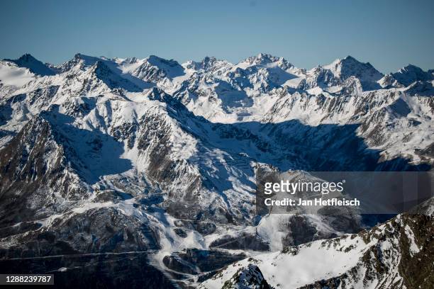 The view from the Stubai Glacier ski resort towards the 'Oetztaler Alps' during the second wave of the coronavirus pandemic on November 27, 2020 near...