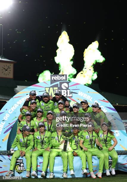 The Thunder celebrate victory during the Women's Big Bash League Final between the Melbourne Stars and the Sydney Thunder at North Sydney Oval, on...