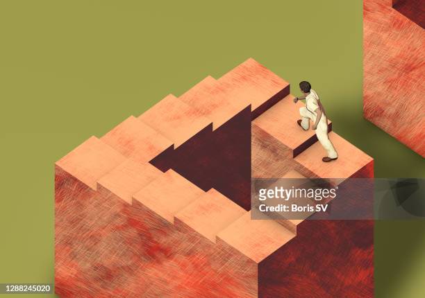 man climbing impossible stairs - optische illusion stock-fotos und bilder