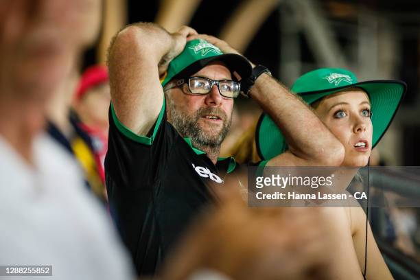 Star fans react during the Women's Big Bash League Final between the Melbourne Stars and the Sydney Thunder at North Sydney Oval, on November 28 in...