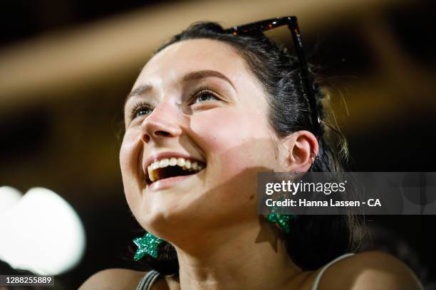 Star fan smiles during the Women's Big Bash League Final between the Melbourne Stars and the Sydney Thunder at North Sydney Oval, on November 28 in...