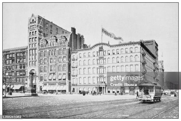 antique black and white photograph of new york: union square, everett house - union square nyc stock illustrations