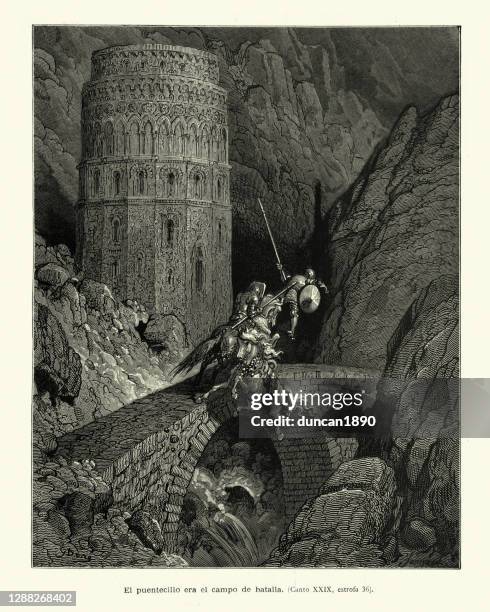 knights fighting across a narrow bridge, jousting chivalric romance - jousting stock illustrations