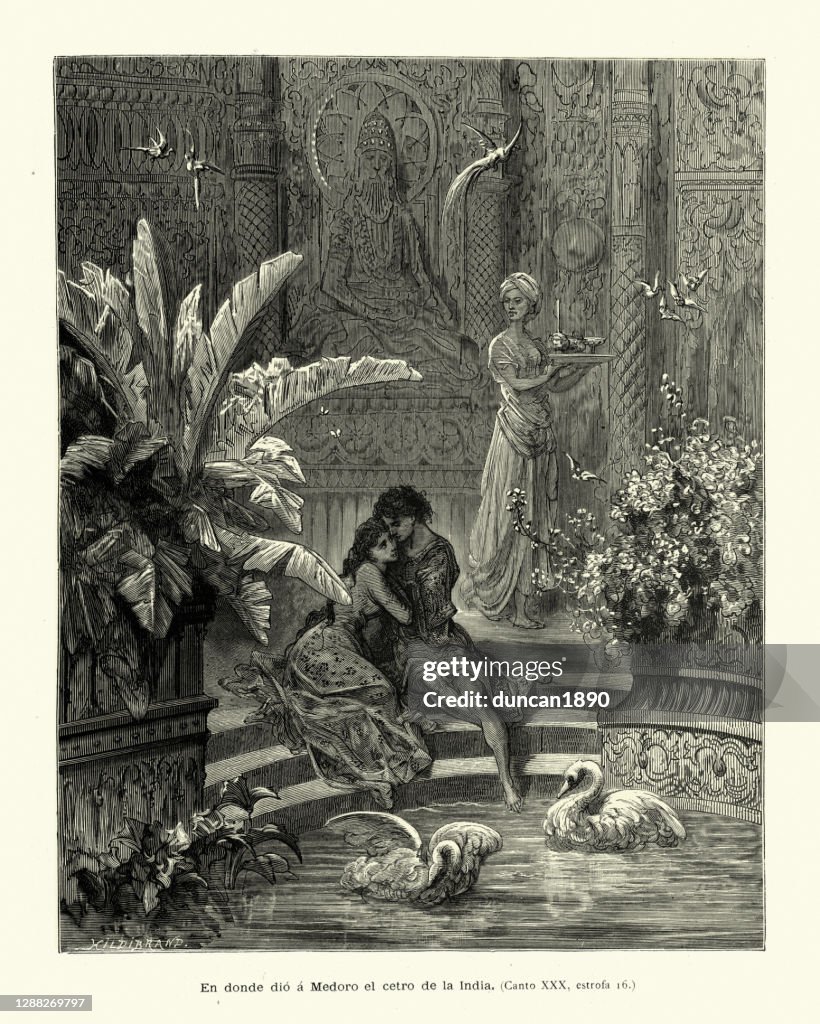 Young couple in love, embracing in a secret garden, Medieval romance
