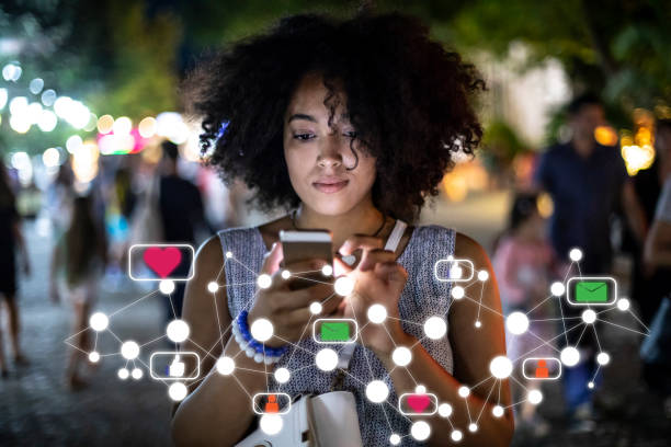 social media and digital online concept, woman using smartphone - social media stock pictures, royalty-free photos & images