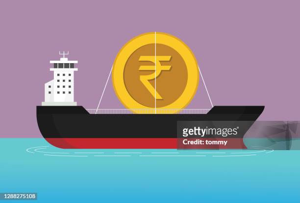 stockillustraties, clipart, cartoons en iconen met cargo ships carry an indian rupee coin - tariffs