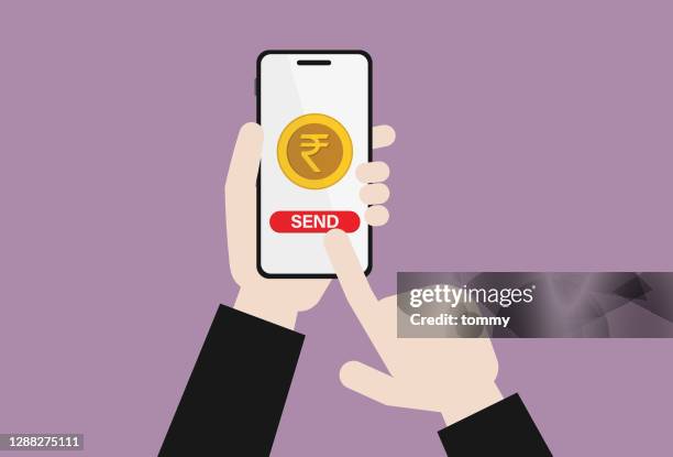 businessman send indian currency by mobile phone - send stock illustrations