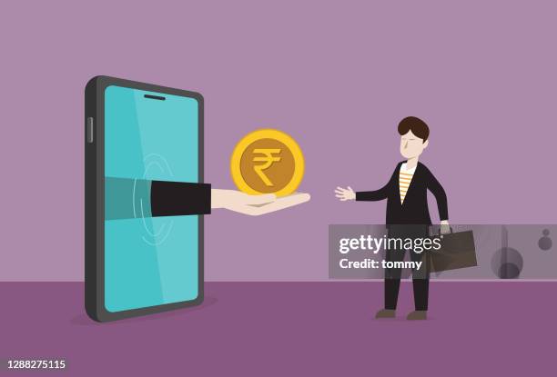 businessman receive a indian rupee coin from a mobile phone - sending stock illustrations
