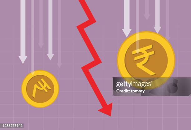 ルピーコインと赤い矢印が下に行く - indian money点のイラスト素材／クリップアート素材／マンガ素材／アイコン素材