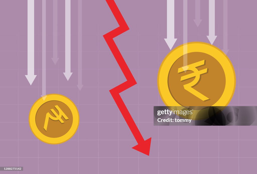 Rupee coin and red arrow going down