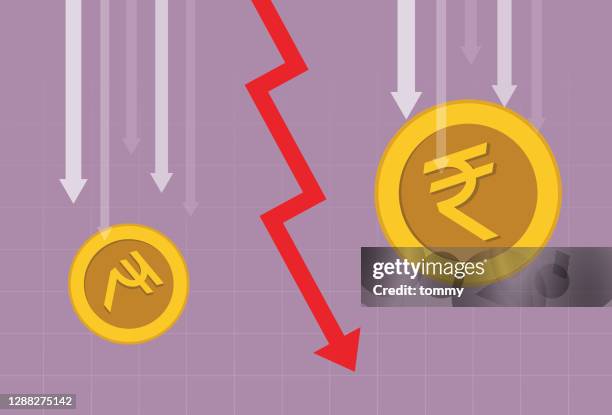 rupee coin and red arrow going down - indian money stock illustrations