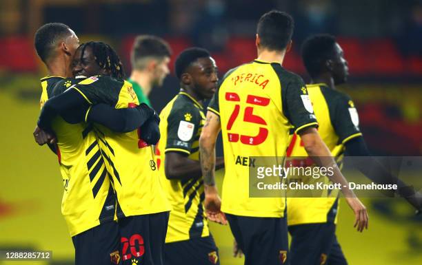Joao Pedro of Watford FC celebrates scoring his teams fourth goal during the Sky Bet Championship match between Watford and Preston North End at...
