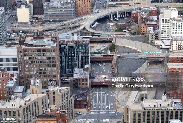 Light traffic enters and exits the Lincoln Tunnel on November 27, 2020 in New York City.