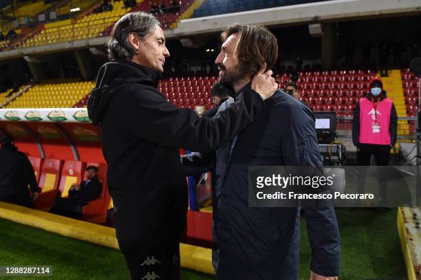 Filippo Inzaghi Benevento Calcio coach greets Andrea Pirlo Juventus coach before the Serie A match between Benevento Calcio and Juventus at Stadio...