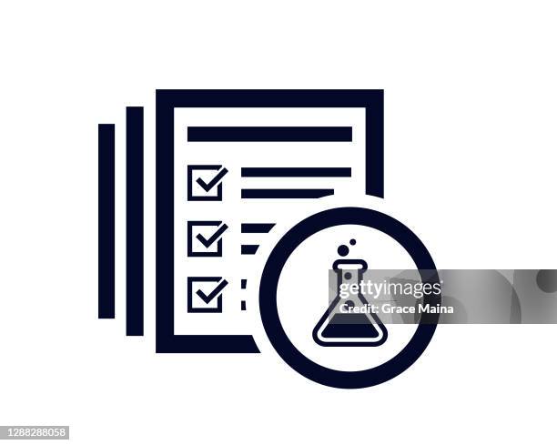 laboratory beaker icon with document list with tick check marks - scientific research stock illustrations