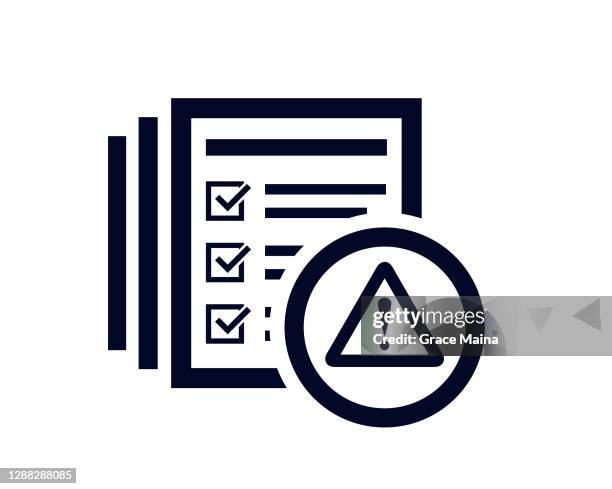 warning triangle with document list and tick check marks - warning triangle vector stock illustrations