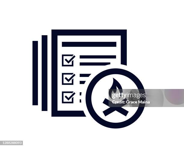 campfire icon with document list with tick check marks - burn marks stock illustrations