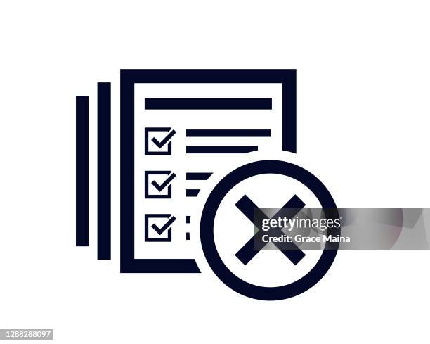 false cross mark with document list and tick check marks - thumbs down stock illustrations