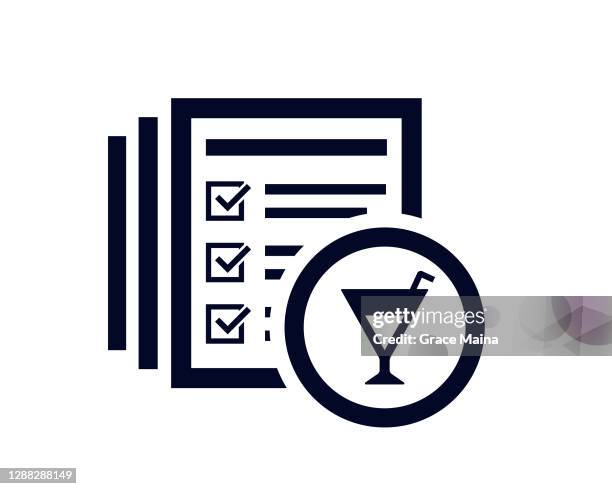 wine glass icon with document list with tick check marks - wine list stock illustrations