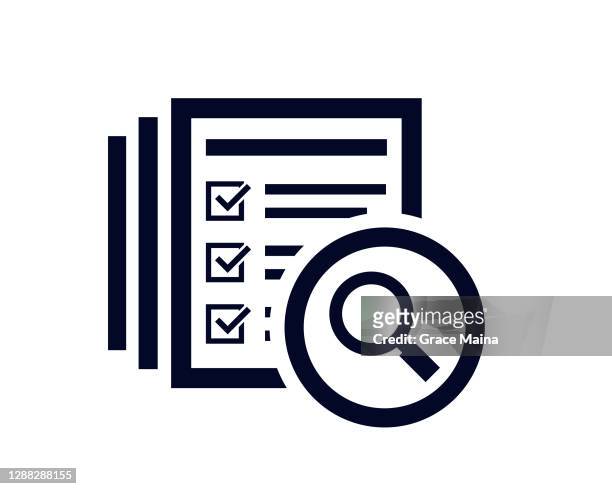 ilustrações de stock, clip art, desenhos animados e ícones de magnifying glass icon with document list with tick check marks - questionário