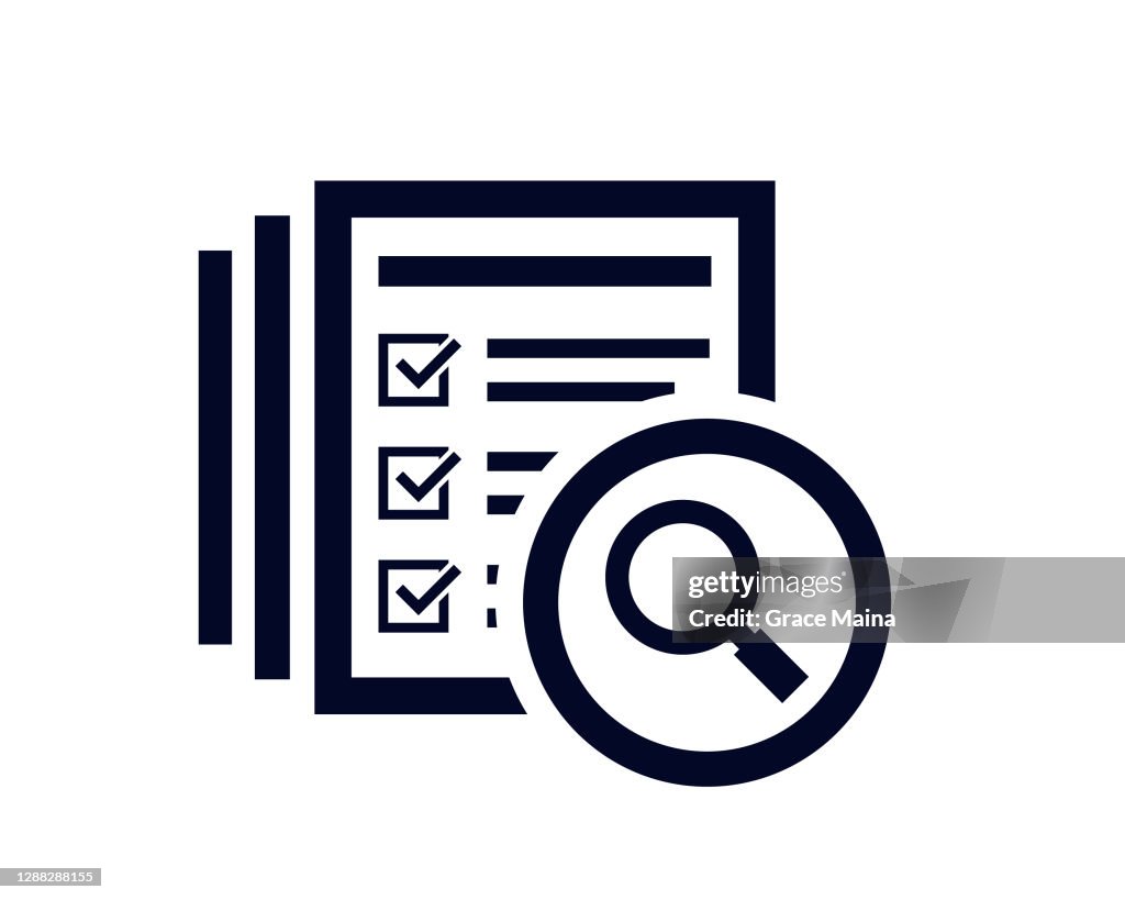 Magnifying glass icon with document list with tick check marks