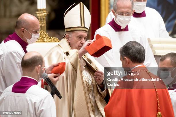 New Cardinal Mario Grech, receives the red three-cornered biretta hat from Pope Francis during a Consistory Ceremony to create thirteen new Cardinals...