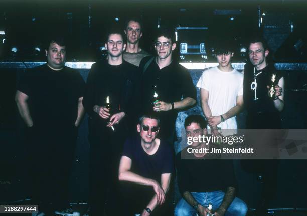 Rock band Wire and friends pose for a portrait at First Avenue nightclub in Minneapolis, Minnesota on June 21, 1987.