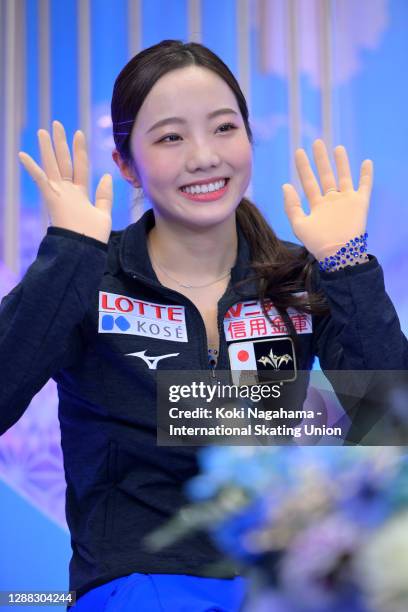 Marin Honda of Japn reacts in the kiss & cry after the Ladies Free Skating during day 2 of the ISU Grand Prix of Figure Skating NHK Trophy at Towa...