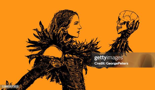 beautiful gothic woman holding skull - dramatic woman stock illustrations