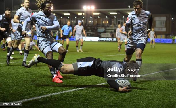 Toby Flood of the Falcons scores the winning try during the Gallagher Premiership Rugby match between Newcastle Falcons and Sale at Kingston Park on...