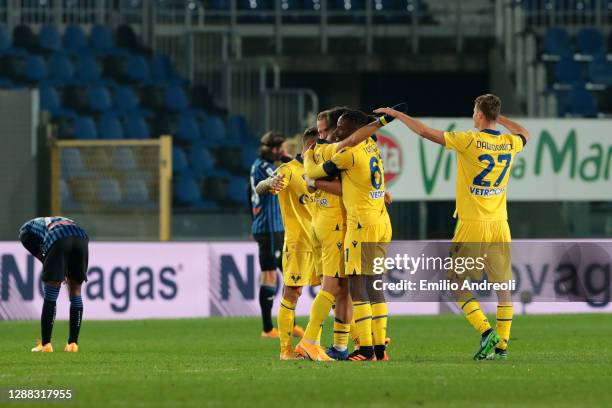 Mattia Zaccagni of Hellas Verona F.C. Celebrates with teammates after scoring their team's second goal during the Serie A match between Atalanta BC...