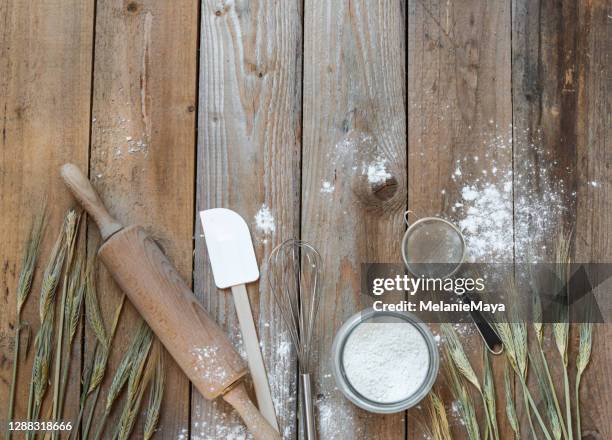 baking utensils for bread making in rustic kitchen - rolling pin stock pictures, royalty-free photos & images
