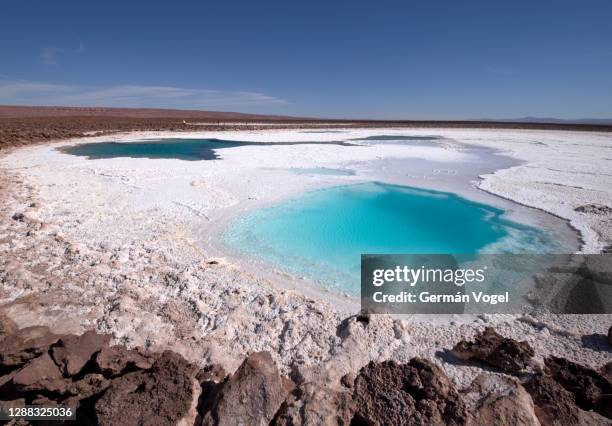beautiful atacama desert turquoise salt flat lagoons of baltinache near san pedro, chile - antofagasta fotografías e imágenes de stock