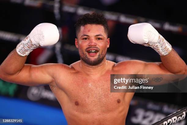 Joe Joyce celebrates victory over Daniel Dubois after the WBC Silver heavyweight title, British, Commonwealth and European Heavyweight title fight...