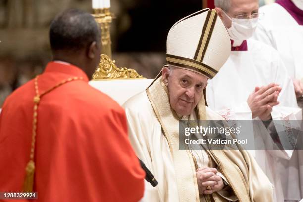 Pope Francis attends the Consistory for the creation of new cardinals at the St. Peter's Basilica on November 28, 2020 in Vatican City, Vatican. The...